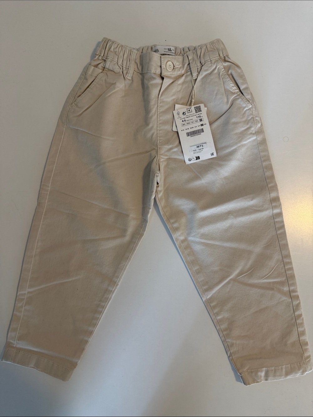 Zara Kids Cream Elastic-Waist Chino Pants - Size 4-5T. NEW WITH TAGS.